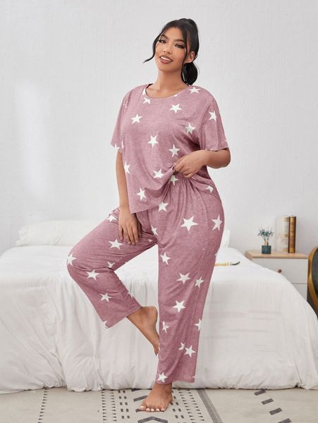 

plus star print pajama set p0ii#, Black;white