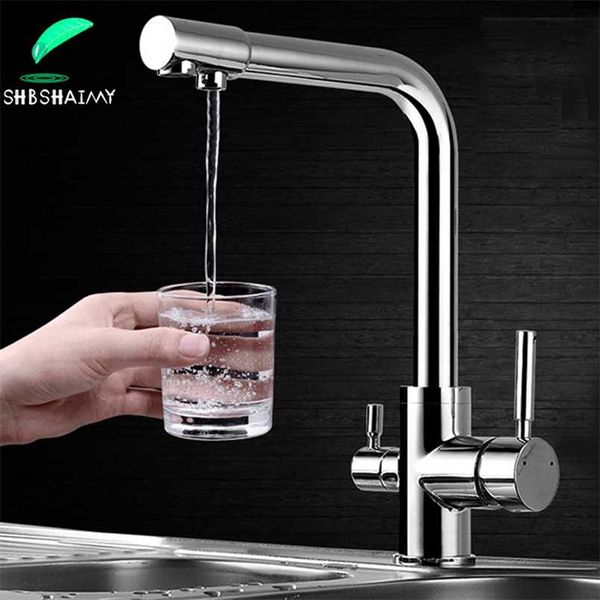 ShbShaimy Filtro Filtro Torneira Chrome Beber Pure Water Kitchen Torneira Torneira Montado Dual Handles 3 Maneiras e Misturador de Água Fria 211108