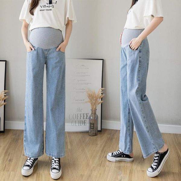 

maternity bottoms 742# clothes summer high waist denim loose stylish pants pregnant women, White