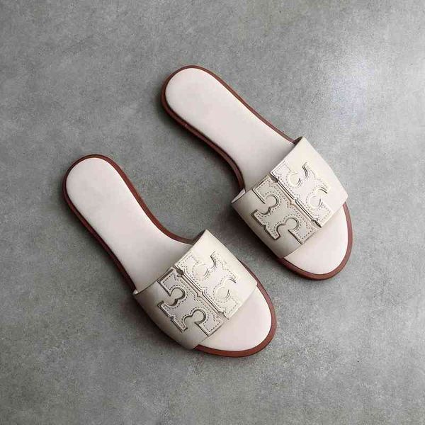 

tb slippers women's summer wear 2021 new leather flat bottom go out fashion cool slippers, Black