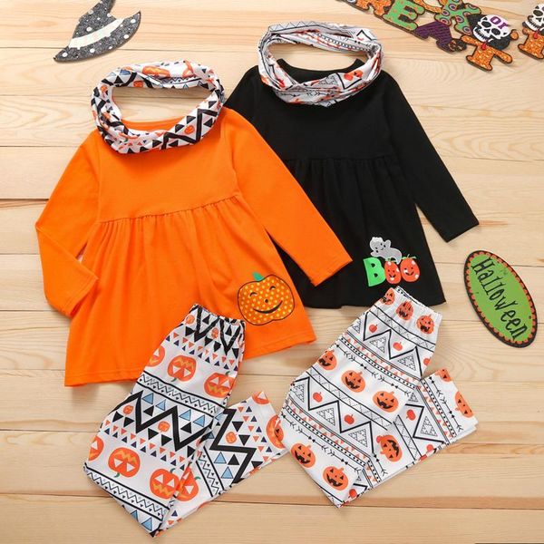 

clothing sets 3piece kids cotton casual set pumpkin print round neck long sleeve pants scarf for toddler 18 months-6 years, White