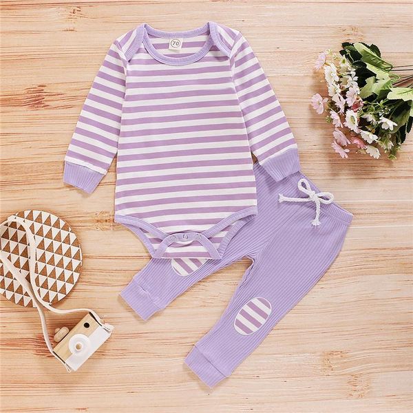 

baby & children's 2pcs girls boys outfit spring autumn sweet style long sleevestriped romper patch solid color pants clothing sets, White