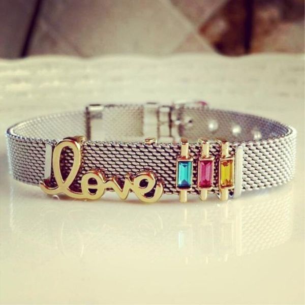 

tennis sanshoor love keeper bracelet with mesh stainless steel bangles and colorful birthstone slide charms for women as gifts, Golden;silver