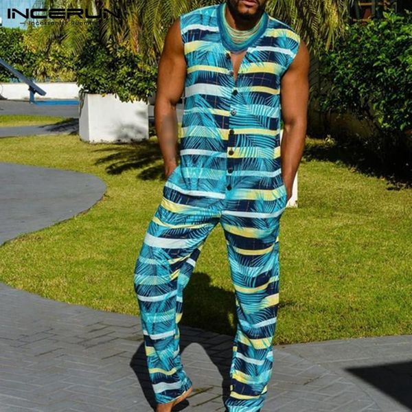 

buttons overalls streetwear men jumpsuits fashion printed hawaiian rompers man sleeveless round neck casual pants s-5xl men's, Black