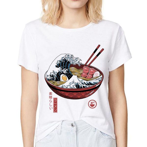 

women's t-shirt japan vintage style great ramen off kanagawa funny t shirt big stomach king casual women harajuku noodles tshirt street, White