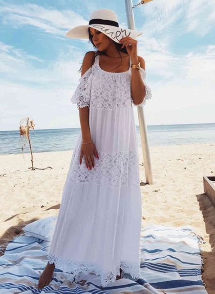 

casual dresses bohemian lace patchwork maxi es women tunic open shoulder white long holiday strap summer pareos my0v, Black;gray