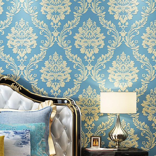 

wallpapers luxury blue damask 3d stereoscopic embossed wallpaper non woven wall paper roll bedroom living room cover beige allcovering