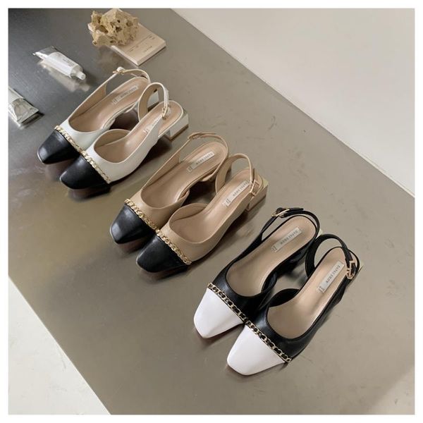 

sandals fashion metal chain women low heel square toe elegant mule casual ladies shoes brand slingback sandalias de las mujeres, Black
