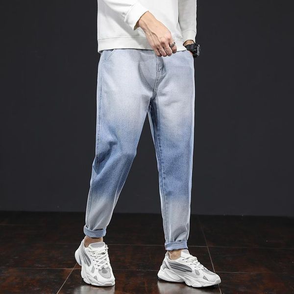 

men's jeans elastic waist gradient color korean wild trendy male loose straight harem pants japanese old daddy, Blue