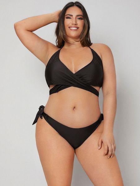 

plus criss cross wrap tie side bikini swimsuit a3e1#, Black