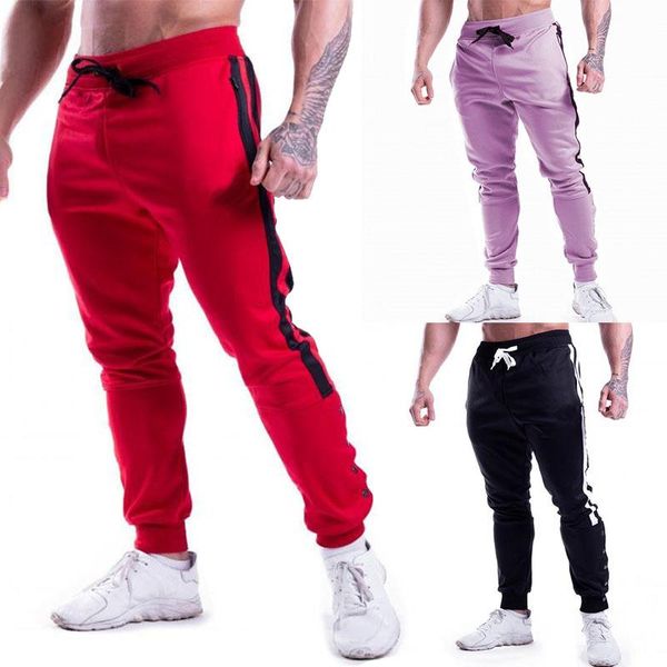 

men sweatpants casual sports pants men's cotton slim running solid color elastic waist button fitness trousers male, Black