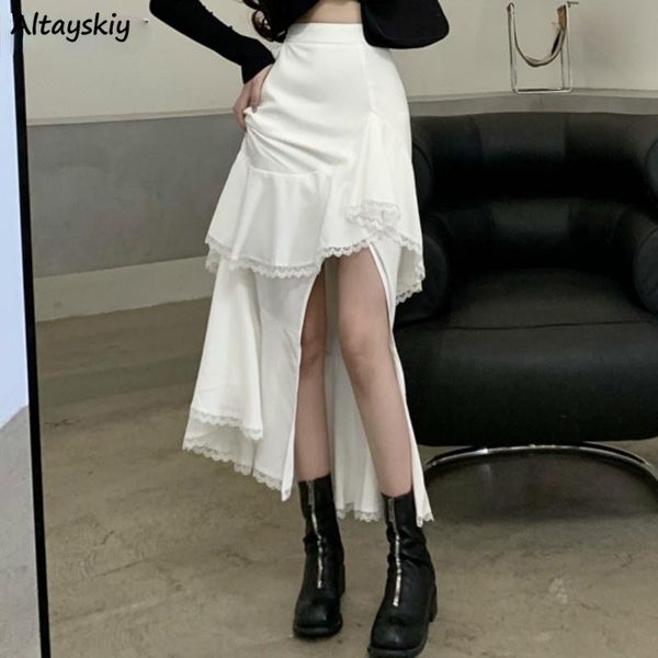 

skirts women medium long autumn asymmetrical ruffles elegant ladies bottoms high waist slim fashion chic simple harajuku, Black