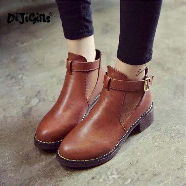 

boots women ankle autumn female casual shoes woman flat fashion platform round toe buckle strap solid comfortable, Black