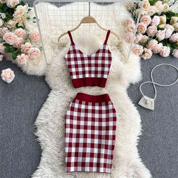 

summer knit two piece set vintage style plaid print sleeveless cropped and mini pencil skirt suits women clothing sets 210603, White