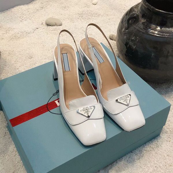 

sandals slippers p family metal inverted triangle label patent leather bright face square head back empty elastic trip belt thick heel high, Black