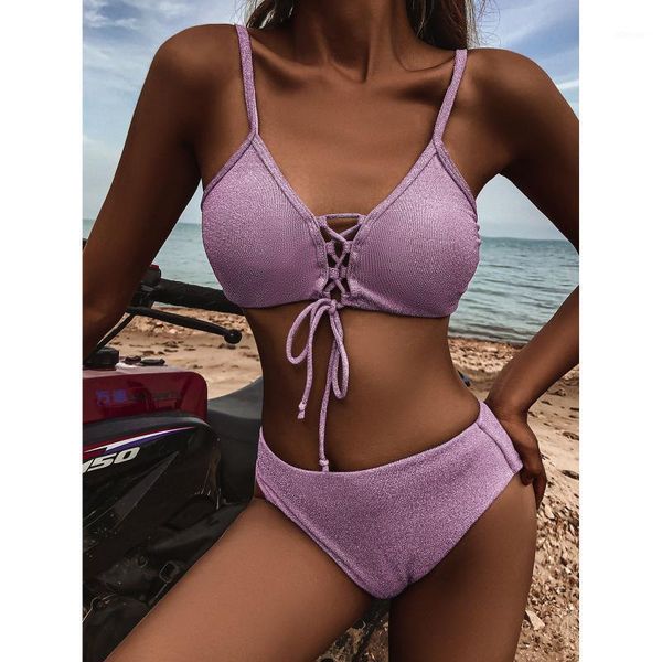 

women's swimwear bikini 2021 women solid push up high cut lace halter set two piece swimsuit bandage beach bathing suit#, White;black