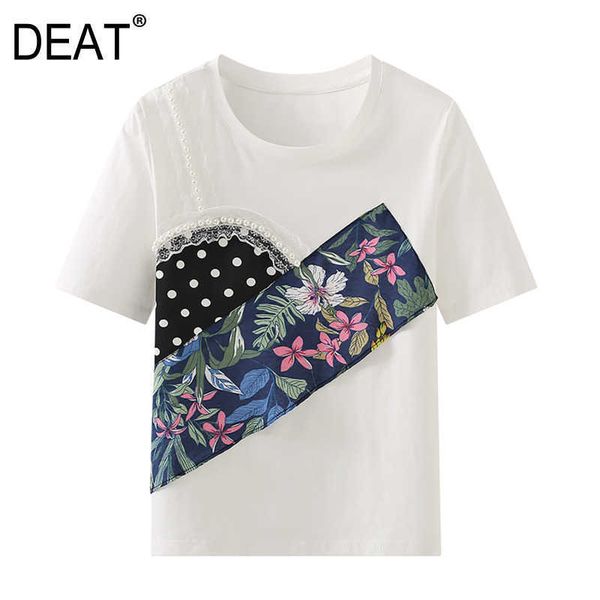 

[deat] summer fashion round neck printing beading short sleeve loose chic elegant women t-shirt 13q329 210527, White