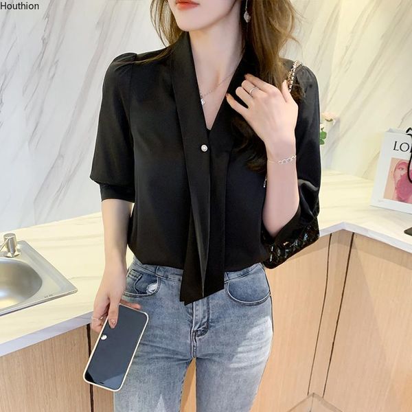 

women's blouses & shirts houthion mid-sleeve blouse solid color v-neck shirt fashion korean casual comfortable plus size silk, White