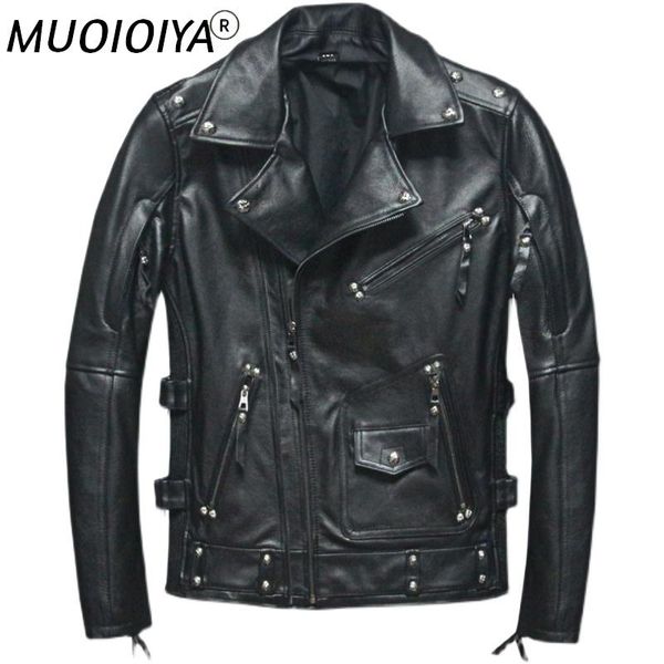 

men's leather & faux heavy motorcycle layer cowhide jacket men's slim lapel locomotive genuine coat for male, Black
