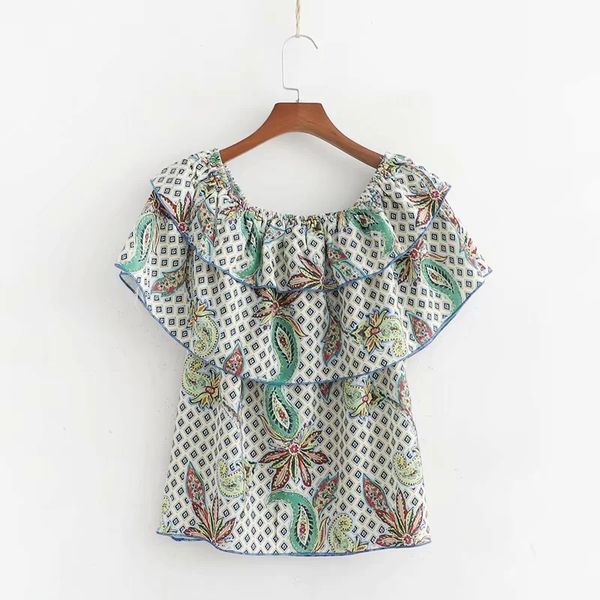

women slash neck cascading ruffle printed shirt smock female blouse summer blusas mujer s5786 210430, White