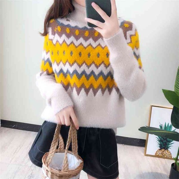 

autumn and winter imitation mink velvet turtleneck sweater women loose thin korean sweet printing wild college style 210427, White;black