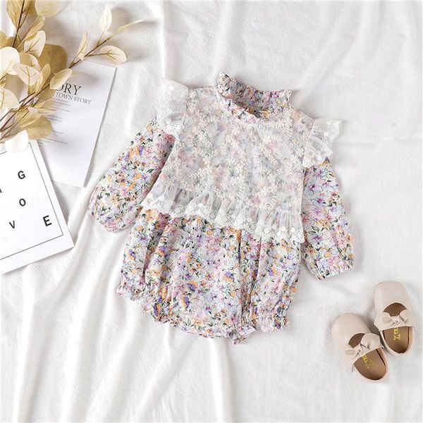 

jumpsuits infant born baby girl romper spring cotton long sleeve one-pieces floral lace clothes outfits, Blue