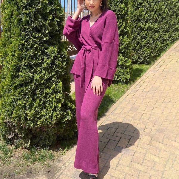 

women's two piece pants xmax fashion casual knitted suits women elegant full length wide leg suit v neck tie belt cardigan ladies, White