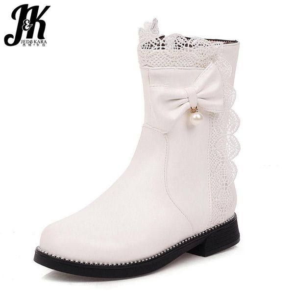 

boots jk studded women lace ankle boot ladies round toe rivet shoes female bow knot low heels thick winter 2021, Black