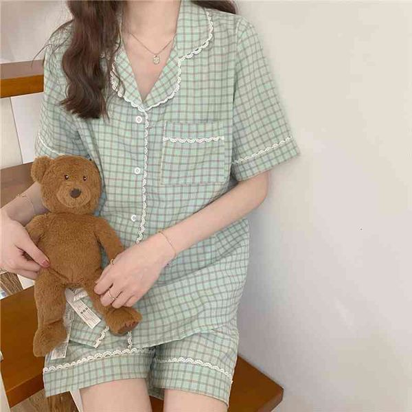 

plaid summer pajamas set 2 women sleepwear piece home clothes lace shirts pijamas shorts suit pockets y375, Black;red