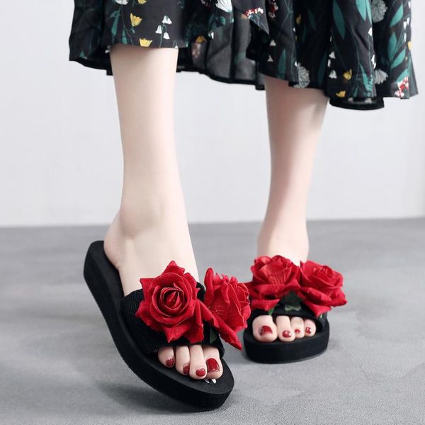 

slippers bohemian style flowers 2021 summer women flip flops platform shoes wedge heel thick beach slipper #0716, Black