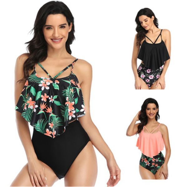 

2021 halter ruffle cover up the belly bikini set women print swimsuit backless swimwear high waist bikinis bathing suit