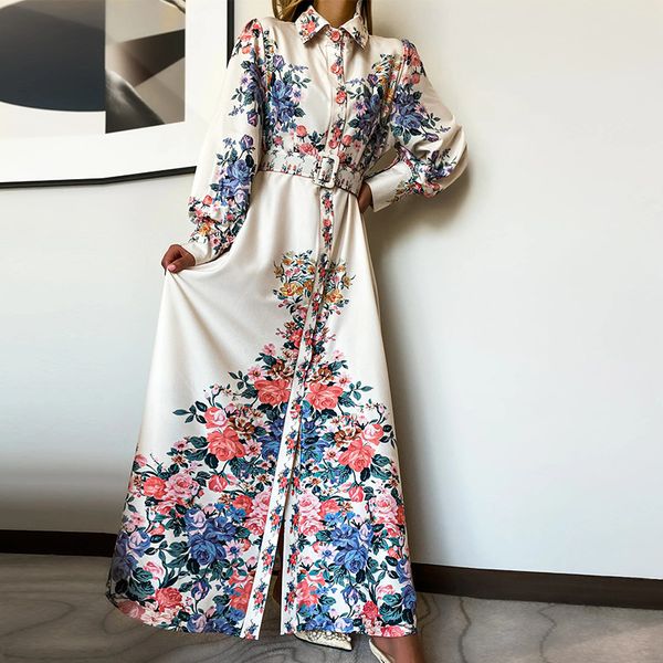 

autumn vintage a-line print dress female elegant long skirt printed shirt dress for women's clothing party dresses full 210514, Black;gray