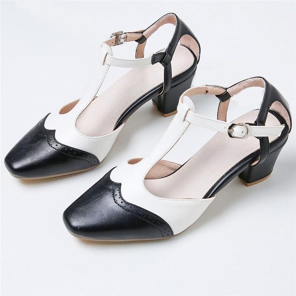 

dress shoes 2021 t strap high heels block heel women square toe buckle vintage pumps woman spring autumn large size 34-43, Black