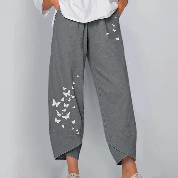 

women's pants & capris gray european and american summer casual loose cotton linen butterfly printed wide-leg women vertical flower, Black;white