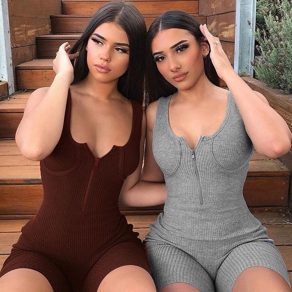 

cotton bodycon jumpsuit for women 2021 sleeveless short pants casual playsuits solid color spring summer streetwear md0132 women's jump, Black;white