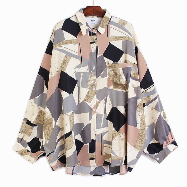 

geometric contrast color retro batwing sleeve shirt korean-style spring loose casual plus-sized women shirts 210615, White