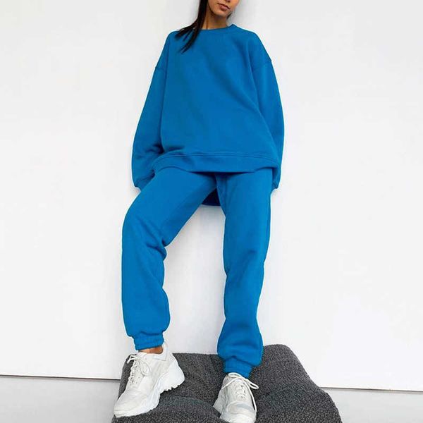 

fleece women's long sleeve tracksuit sets autumn solid hoodies joggers sportpants suits female casual sport 2 piece set 210930, White