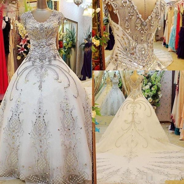 

luxury sparkly crystal princess wedding dresses 2022 v-neck cap sleeve chapel train rhinestone beaded church garden wedding gown, White