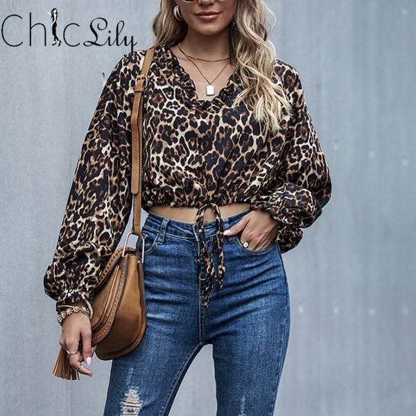 

chiclily womens leopard print tie crop long sleeve v-neck shirt wome party blouse streetwear casual tees women's blouses & shirts, White