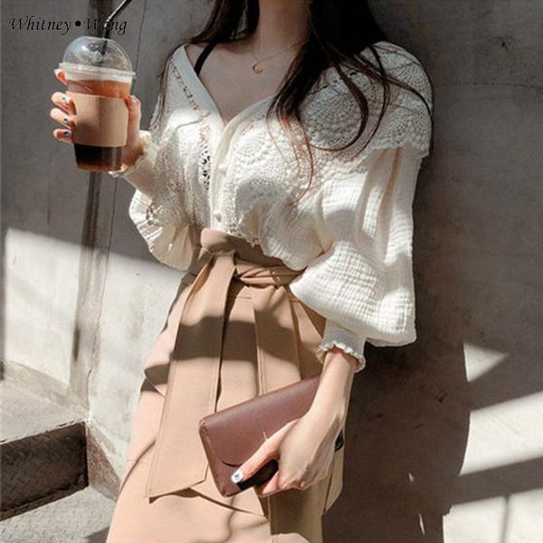 

women's blouses & shirts whitney wang 2021 autumn fashion streetwear v-neck lantern sleeve lace patchwork blouse women blusas lady shir, White