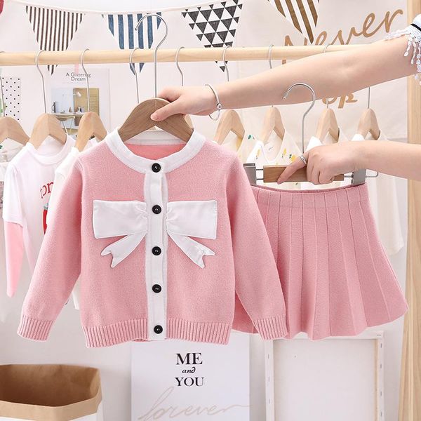 

clothing sets children's sweater knitted suit skirt spring autumn winter 2021 girls' bow + pleated two piece, White