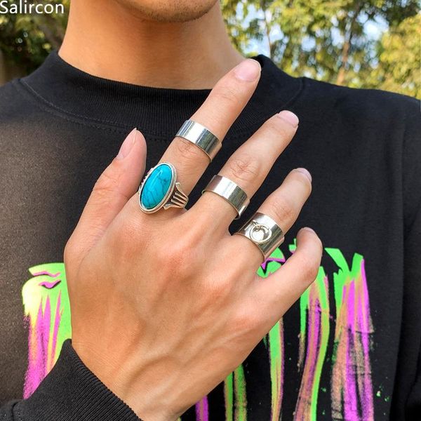 

cluster rings 4pcs/set retro punk alloy set of for women men open adjustable finger ring hiphop accessories silver color jewelry gifts, Golden;silver