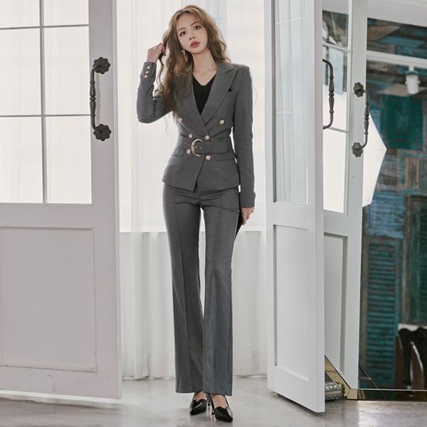 

fashion comfortable formal double-breasted sash blazer long-tailed pant suits, White