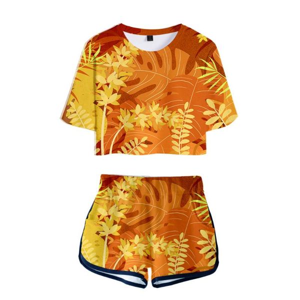 

leisure hip hop leaf nature printed women two piece set oversize navel short sleeve kpop harajuku women's sports suit t-shirt, White
