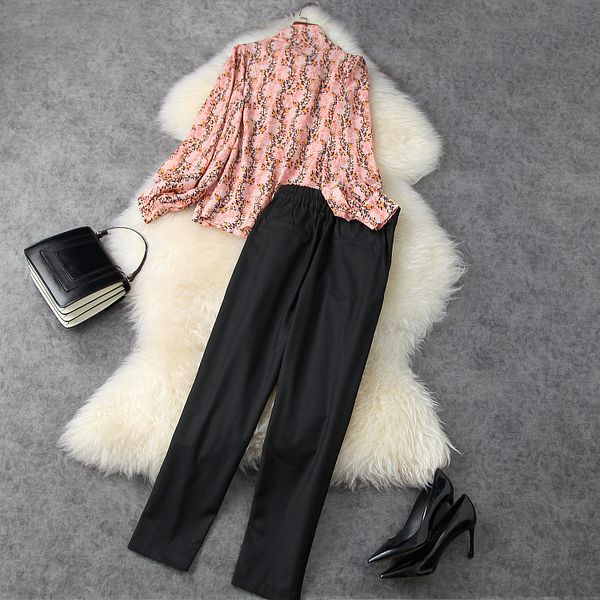 

skirts spring summer clothing sets women bow collar floral print chiffon shirts+ny black pants & capris