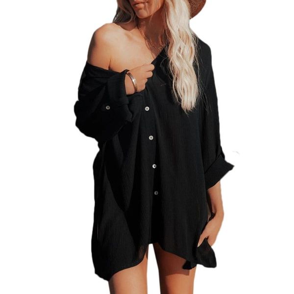 

women's swimwear women summer roll-up long sleeve shirts solid color beach bikini cover-up button down side split loose blouse, White;black