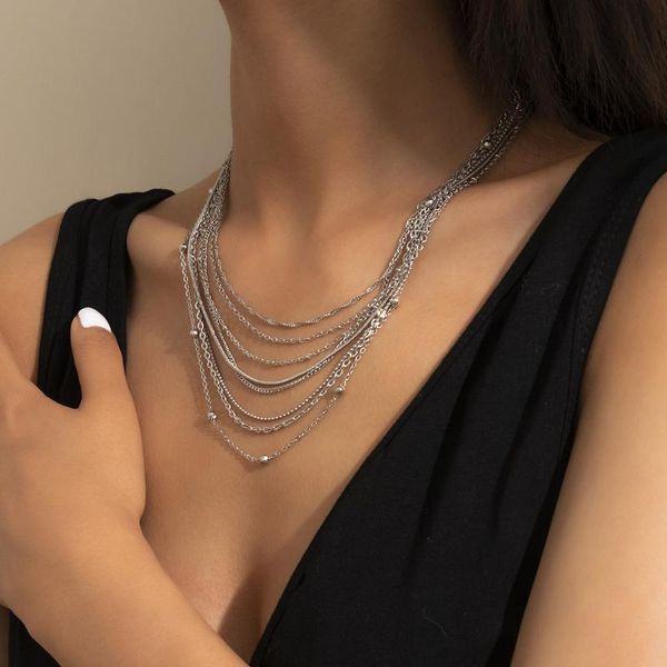 

pendant necklaces ins simple hip-hop metal twist chain tassel necklace retro temperament multilayer copper-clad iron exaggerated clavicle, Silver