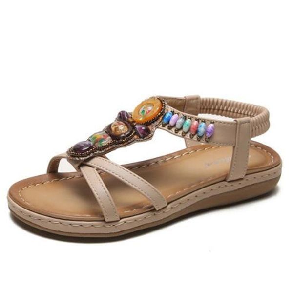 

sandals summer woman pu elastic band flat toe round bohemia beaded comfy soft retro wedge non-slip comfortable beach, Black