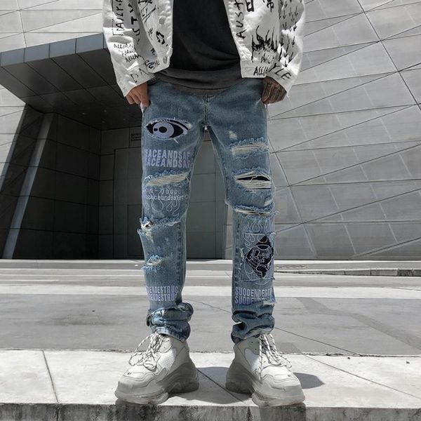 

hole frayed mens jeans pants hip hop washed streetwear denim tactical patchwork hombre ripped for men men's, Blue