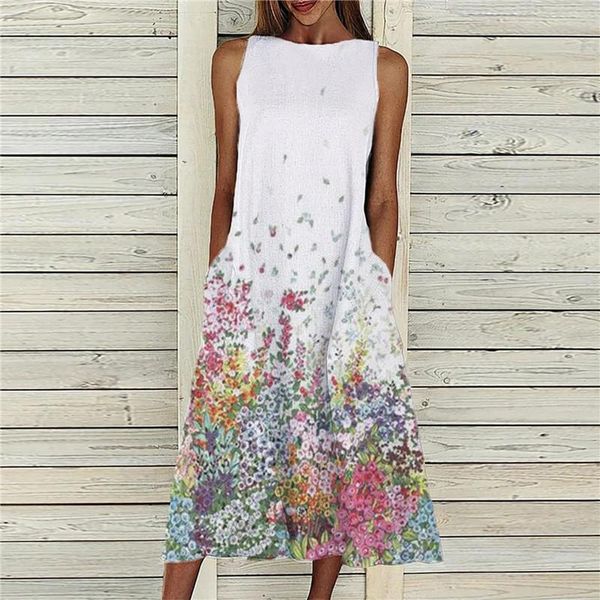 

retro print dresses women 2021 summer floral sleeveless beach tank dreeses woman loose flowy o-neck long pocket party midi dress casual, Black;gray